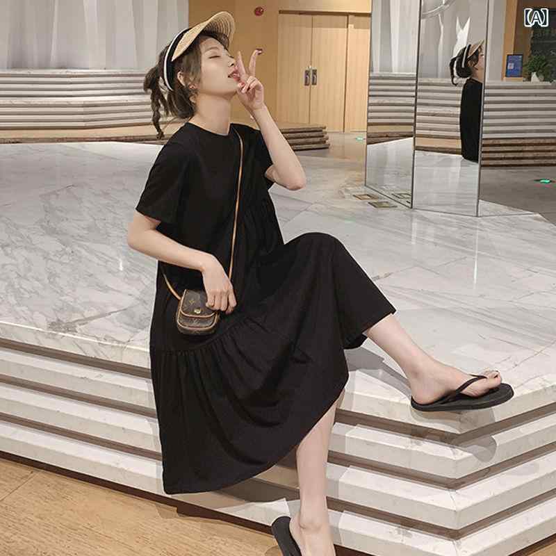 Dresses - マタニティ ワンピース 夏 ゆったり 短袖 不規則 中長丈 妊婦服 フィット ミドル丈 涼しい 日常使い コットン混 吸湿速乾