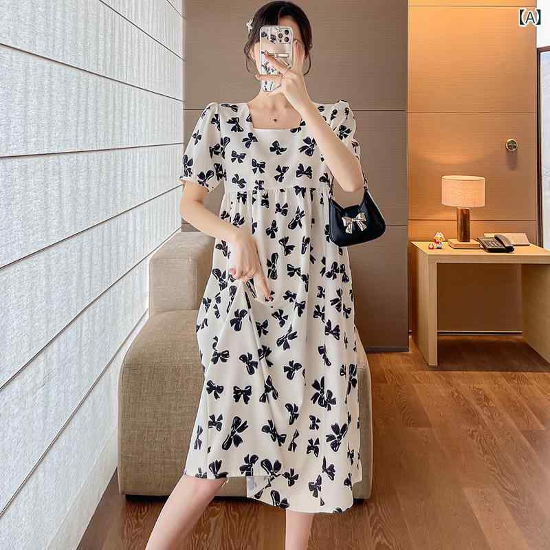 Dresses - マタニティ ワンピース 夏用 スクエアネック 蝶々柄 中長丈 ゆったり 大きめサイズ 短袖 妊婦服 日常使い 快適 軽量 伸縮性