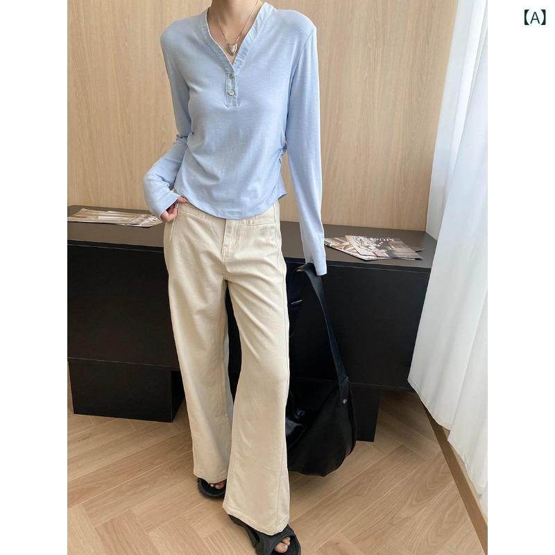 トップス ヘンリーネック Tシャツ Vネック ボタン ウエストシェイプ 細身シルエット 秋用 インナー コットン混 伸縮性 カジュアル 普段使い