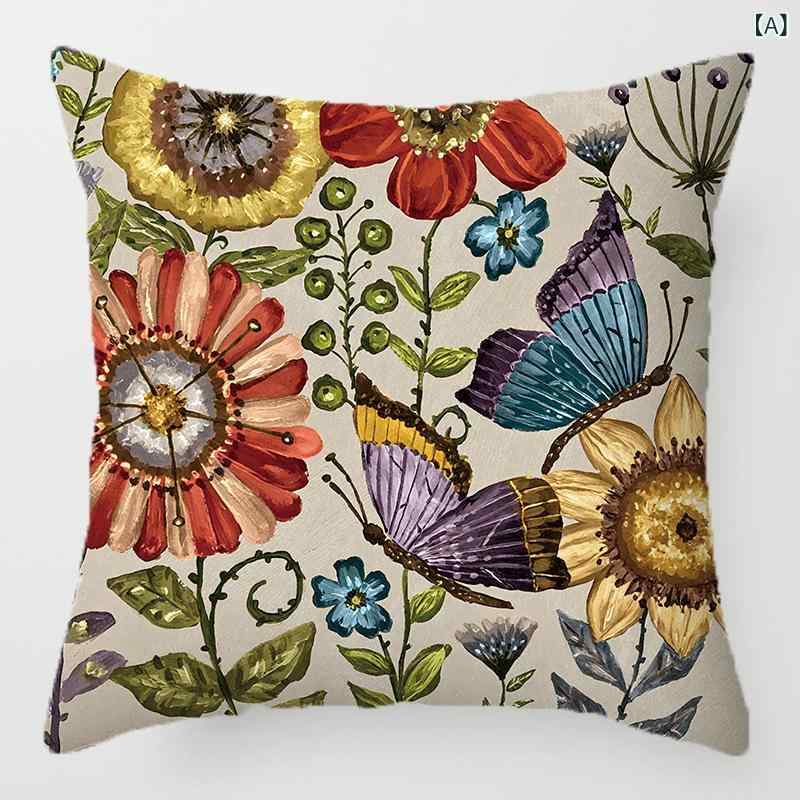 リネン 抱き枕カバー クッションカバー レトロ ボヘミアン 花柄 蝶柄 カントリー風 ナチュラル インテリア 柄物 通気性 リラックス ソファ用 ベッドルーム