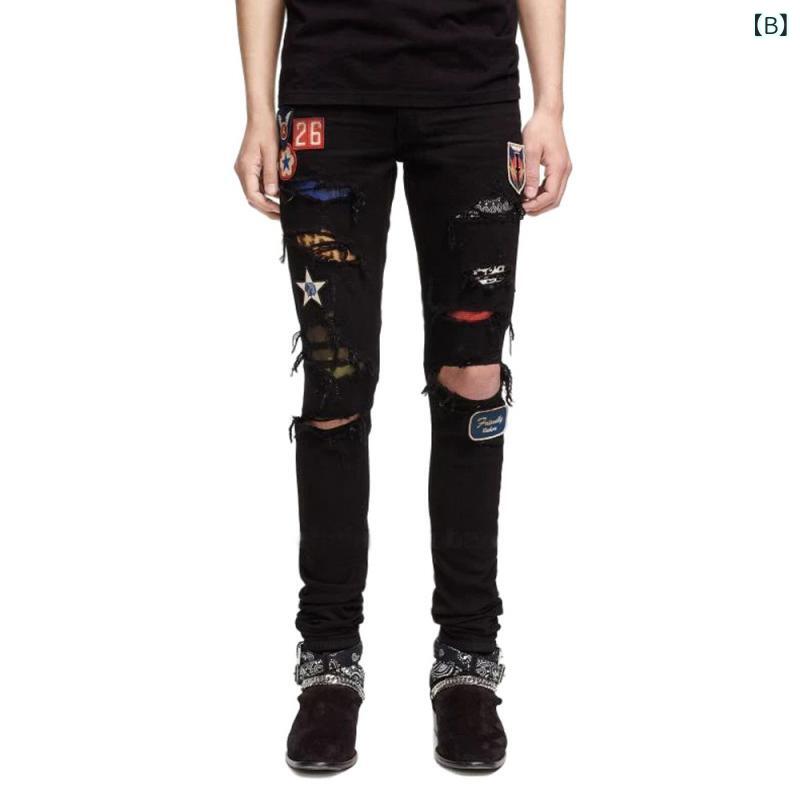 メンズ デニムパンツ スリムフィット ストレッチ 破れ加工 墨飛び柄 ストリート 欧米風 カジュアル 普段使い 伸縮性 ディテール加工 ボトムス
