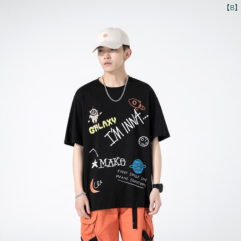 Tシャツ メンズ 半袖 夏用 綿100% インナー トップス 韓国 宇宙飛行士 モチーフ カ...