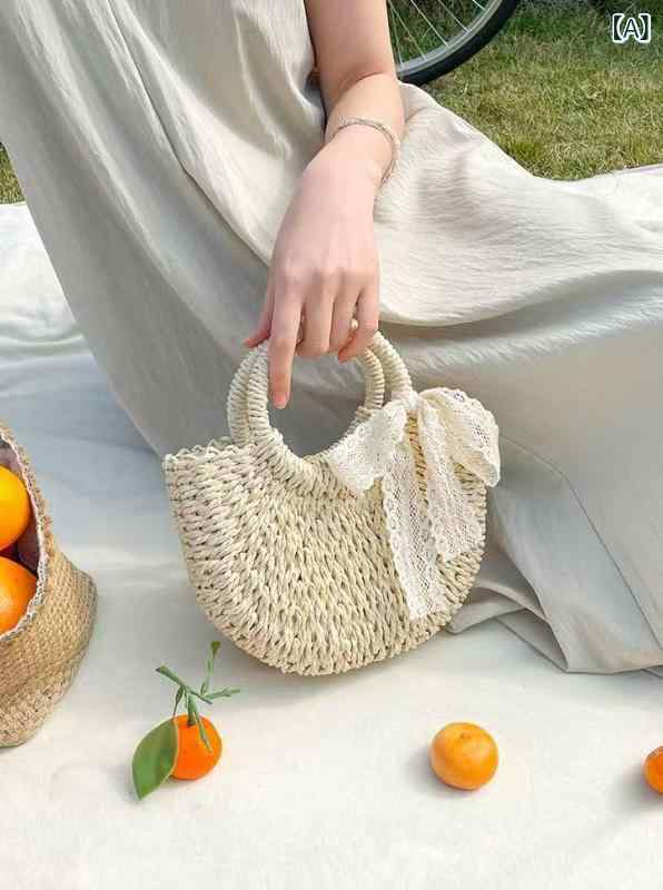 Handbag Type - バッグ 女性用 夏 編み ハーフムーン ストローバッグ ビーチ ハンドバッグ ショルダーバッグ バケーション スタイル 軽量 普段使い 鞄 トートバッグ 斜め掛け 切り替え ラタ素材 吸湿速乾 アイボリー カジュアル