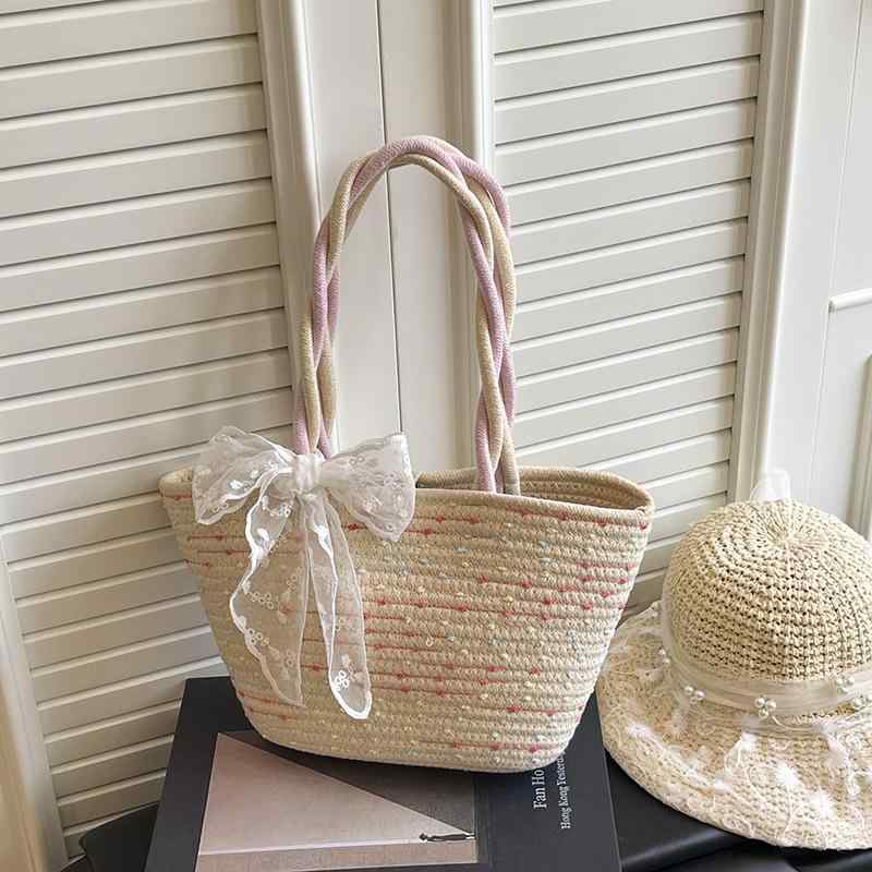 Tote Bag Type - 鞄 女性用 編み込み ショルダーバッグ トートバッグ 旅行用 ビーチバッグ 草編み 斜めがけ 軽量 普段使い 夏 ストロー素材 かわいい