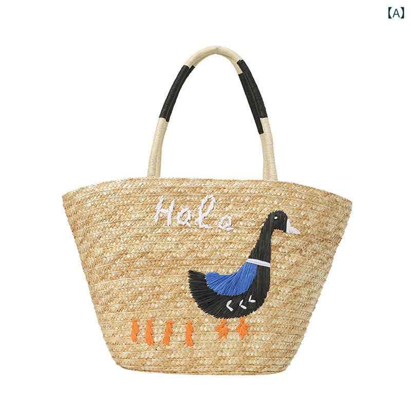 Tote Bag Type - レディース 夏 ビーチ バッグ 草編み 大容量 ハンドバッグ 野菜かご型 水桶型 リゾート カジュアル 素材 軽量 トート ショルダー