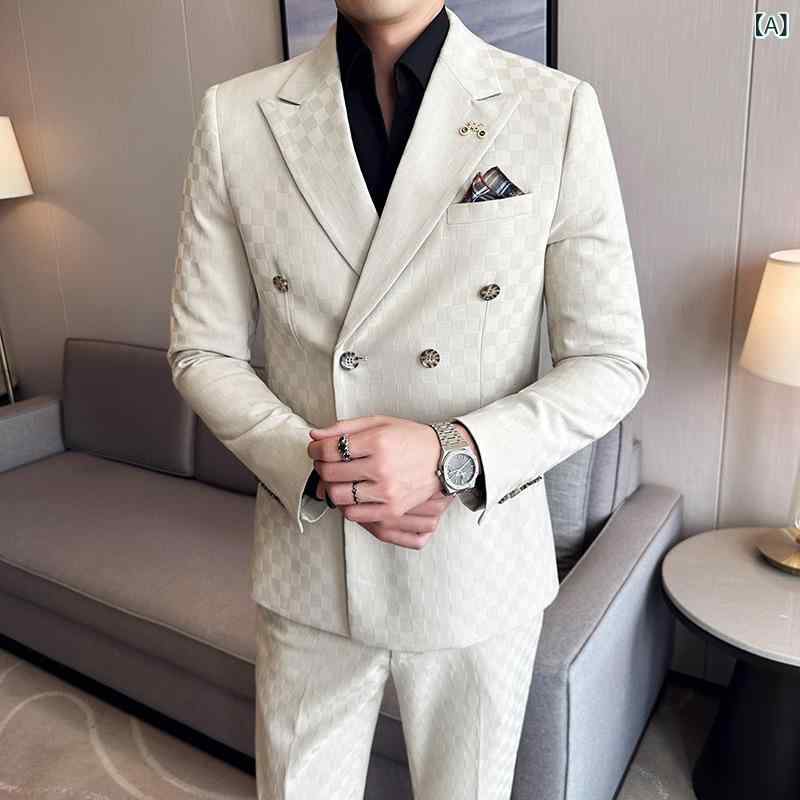 スーツ 男性用 チェック柄 ダブルブレスト スリムフィット カジュアル 韓国スタイル 新郎用 結婚式 セットアップ ビジネス 通勤 フォーマル セット