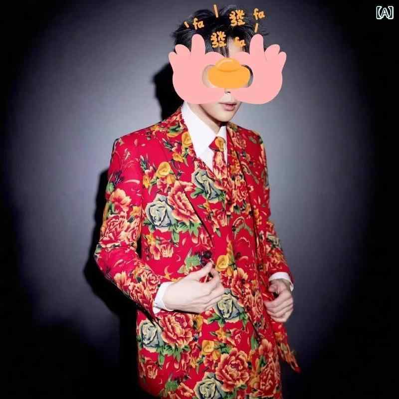 男性用 大花柄 スーツ セット 長袖 パーティー イベント用 礼服 大きめサイズ クール スタイル フォーマルウェア 派手 デザイン 通勤 普段使い