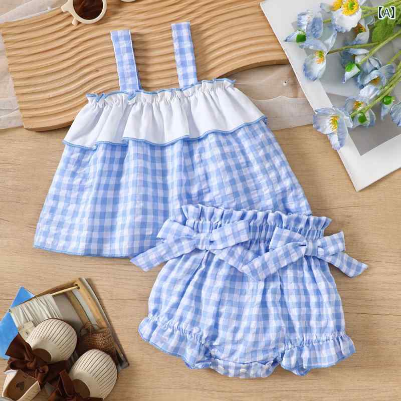 ベビー 子供服 小チェック柄 ストラップ トップス 蝶結び スカラップ ショートパンツ 2点セット かわいい カジュアル 普段使い 軽量 コットン混 ピンク系 アイボリー