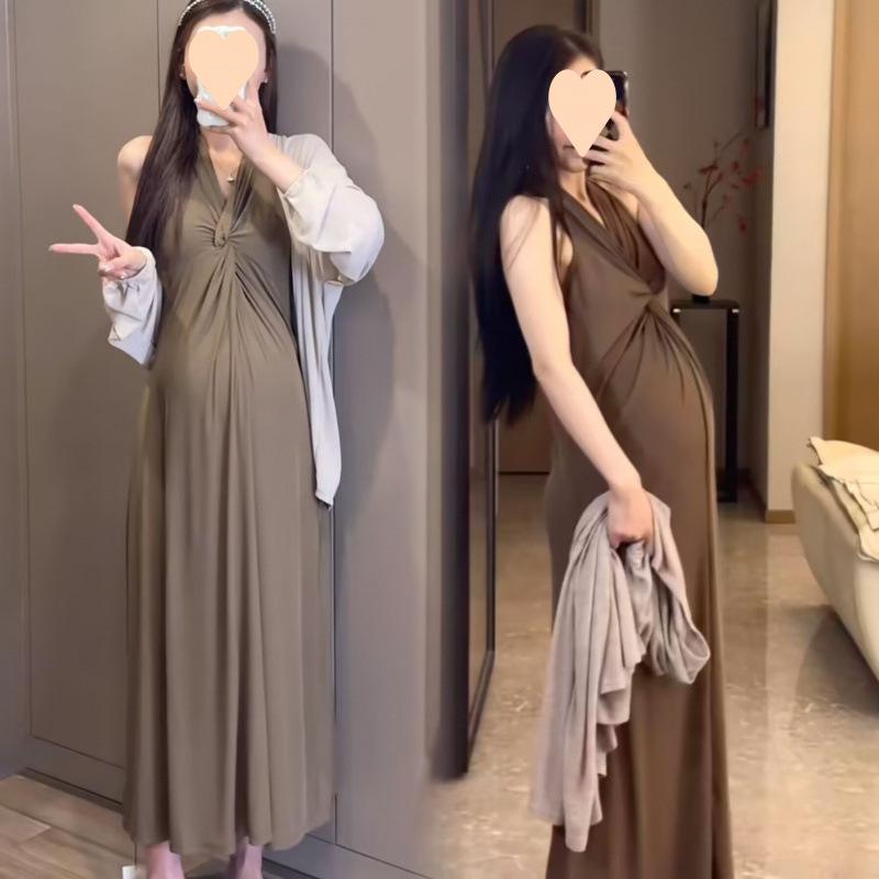 Formal - マタニティ 春夏 ハリネック キャミワンピース 長袖カーディガン 2ピースセット ゆったり 伸縮性 コットン 混 妊婦服 授乳口 機能 軽量 通勤 普段使い