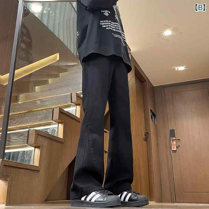 メンズ デニムパンツ ルーズフィット 微フレアレッグ 切り替えデザイン ジッパーフライ ボタン留め 半伸縮ウエスト 秋用 カジュアル ストリート 普段使い コットン混 伸縮性 快適 ブラック ブルー系 2