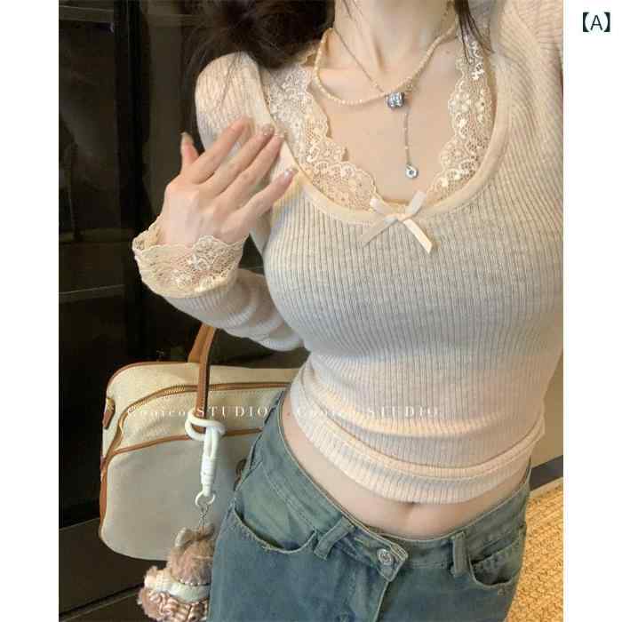 トップス レディース 長袖 Tシャツ カットソー ニット レース 切り替え スリム フィット 着痩せ 蝶結び リボン 秋冬 体型カバー 大きいサイズ プラスサイズ ゆったり お腹周り 二の腕カバー 再生繊維 伸縮性 高級感 カジュアル きれいめ おしゃれ