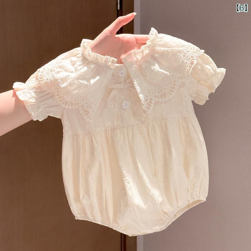 ロンパース ベビー 女の子 春夏 レース 半袖 泡袖 蝶結び カバーオール 繋ぎ服 赤...