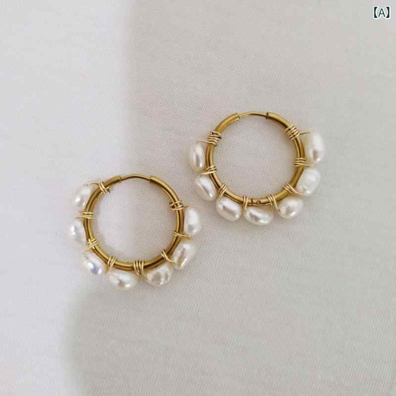 Freshwater Pearl - レディース イヤリング 淡水パール チタンスチール 手編み 重厚 エレガント トレンド アクセサリー ジュエリー シンプル 普段使い 金属 加工 細工 女性用 耳飾り