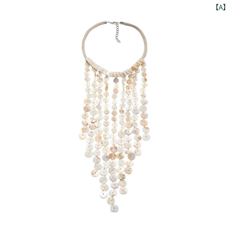 Rhodolite - レディース ネックレス 貝殻 タッセル 手編み マリン ビーチ リゾート 多層 レイヤード シンプル モダン 夏 アクセサリー 軽量 天然素材 ファッション