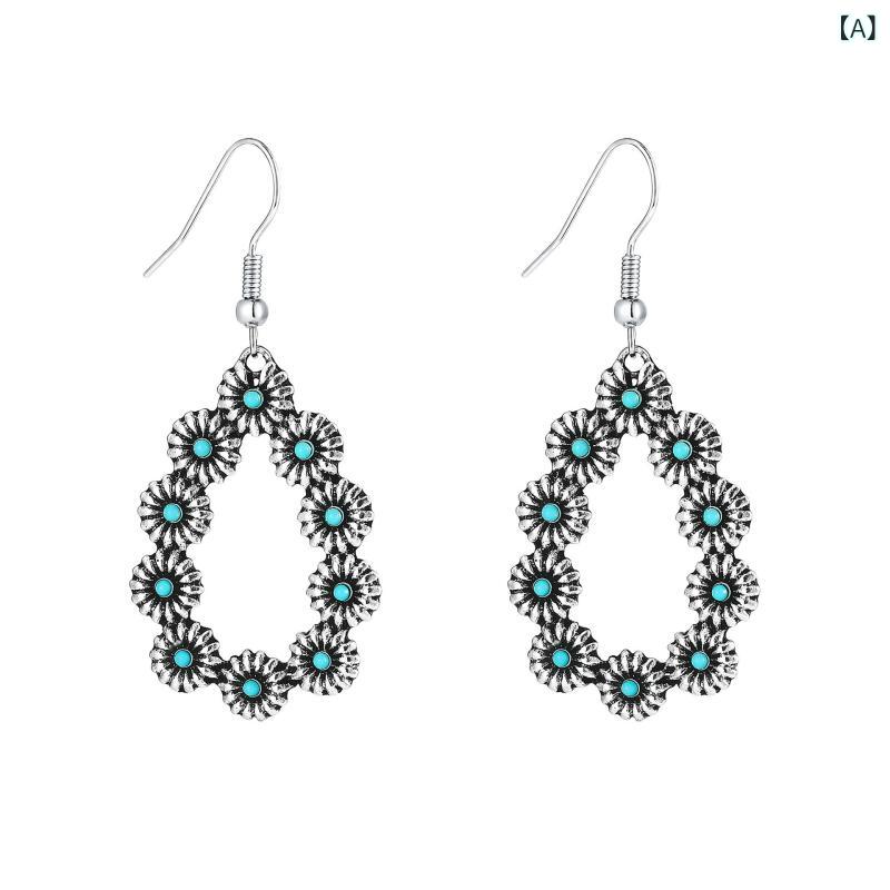 Freshwater Pearl - イヤリング 女性用 レトロ ターコイズ フラワー 水滴型 合金製 ドロップ アクセサリー 日常使い 軽量 グリーン系 ビンテージスタイル