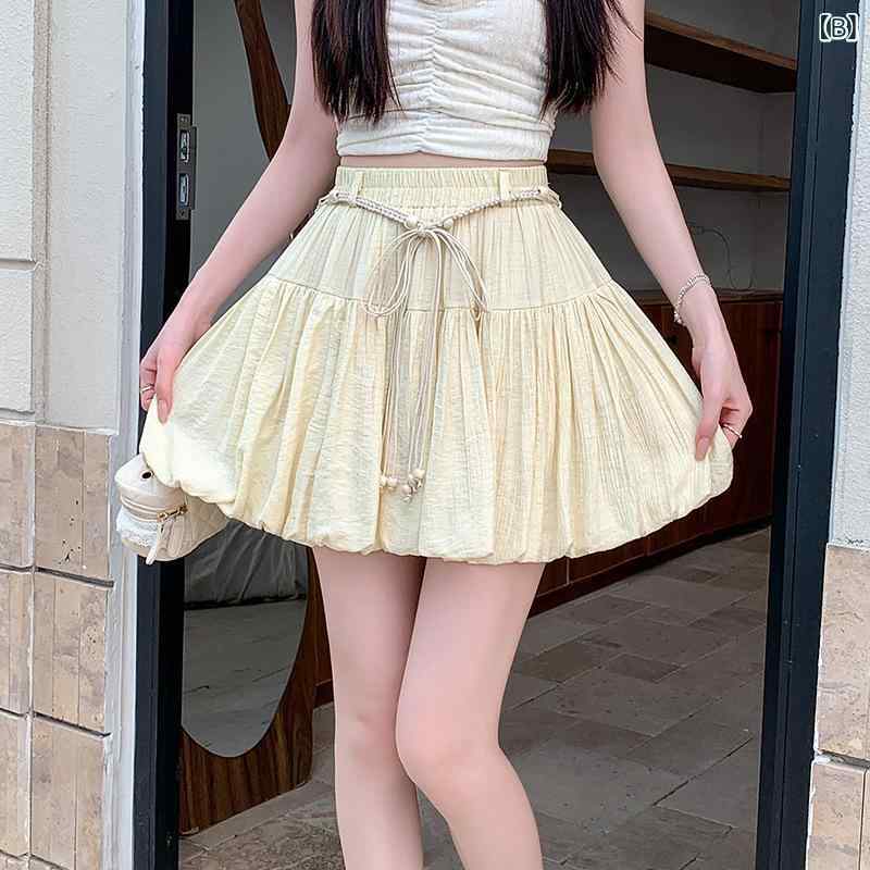 スカート レディース イエロー 夏 ふわふわ Aライン フレア ミニ丈 小柄向け 雲モチーフ 花苞 軽量 普段使い ボリュームシルエット かわいい チュール素材の商品画像 2