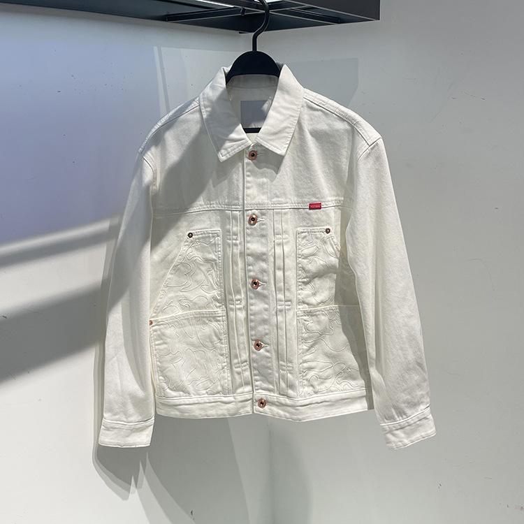 メンズ デニムジャケット 春 カジュアル ラペル ホワイト 刺繍 高級感 ウォッシュ トレンド アメリカンスタイル コットン ミックス 軽量 普段使い