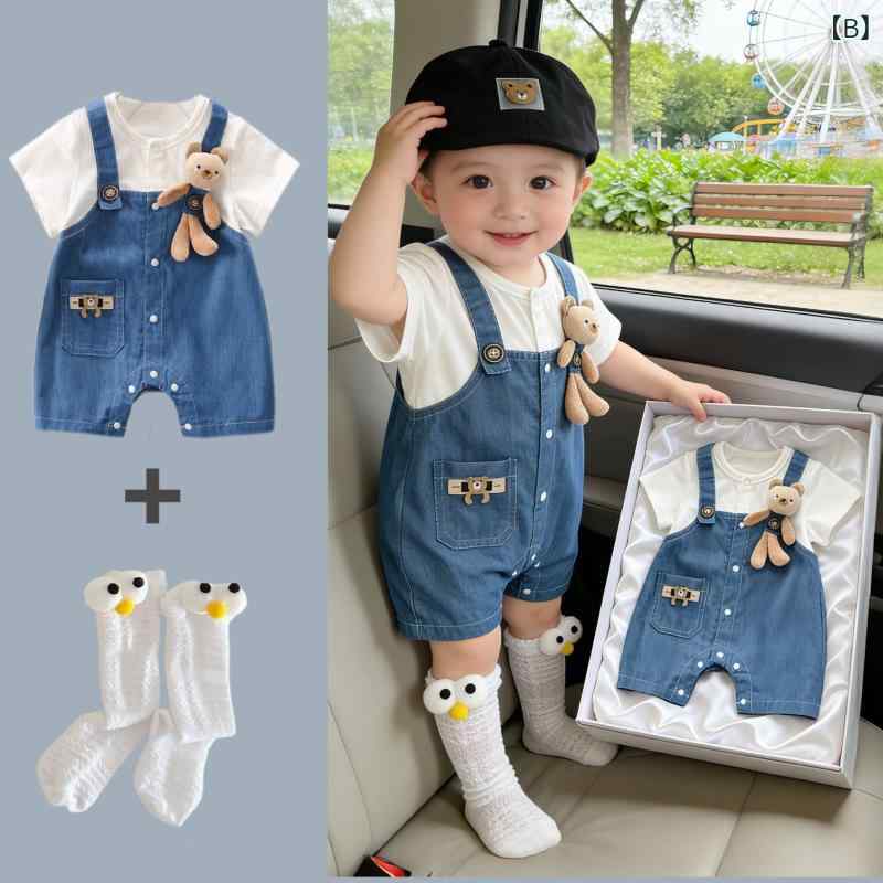 サポートシェアグローバルのロンパース ベビー服 幼児 子供服 つなぎ カバーオール 接触冷感 薄手 重ね着風 デニム風 半袖 クライミングスーツ 夏用 カジュアル かわいい おしゃれ 伸縮性 吸湿速乾 通気性 柔らか素材 普段着 お出かけ用 部屋着 動きやすい 男の子 女の子 男｜アングル3