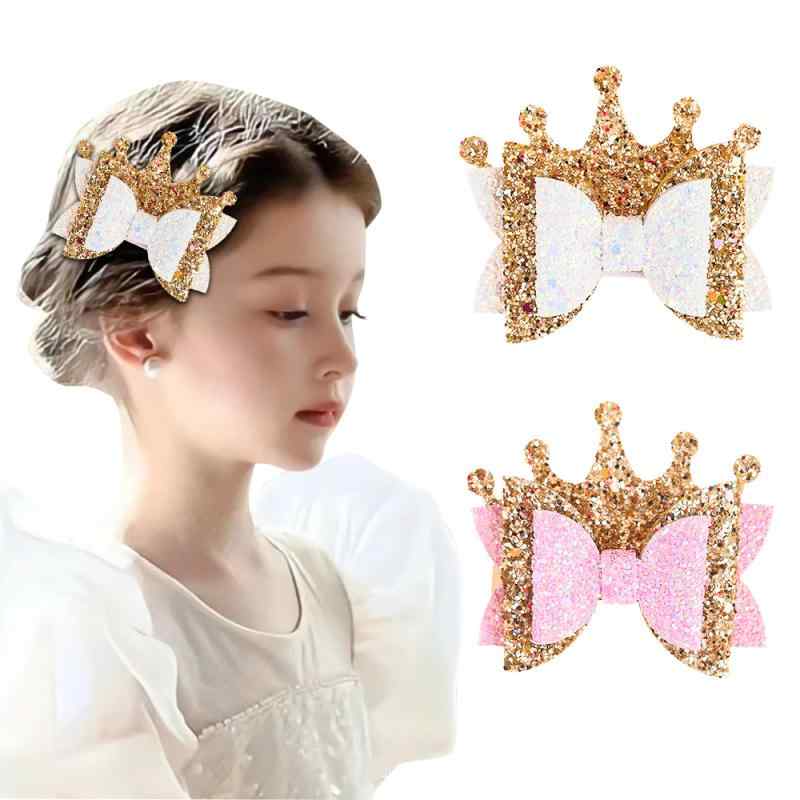 キッズ 女の子用 プリンセス 金粉 王冠 ヘアクリップ 輝く 蝶結び リボン 布 ヘアアクセサリー 髪傷めない 全包み タイプ かわいい ヘッドドレス