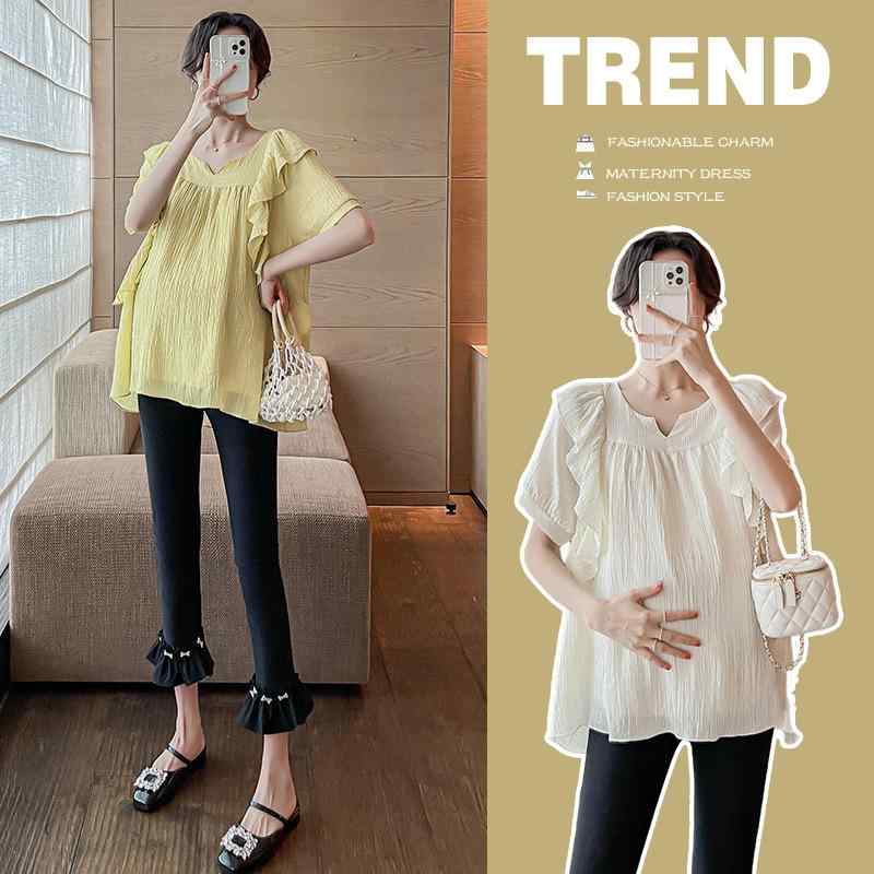 Formal - マタニティ 夏用 妊婦服 フリル ラッパー袖 薄手 軽量 トップス ルーズフィット 腹帯付き パンツ セット ゆったり 伸縮性 吸湿速乾 コットン混 ベーシック 普段使い