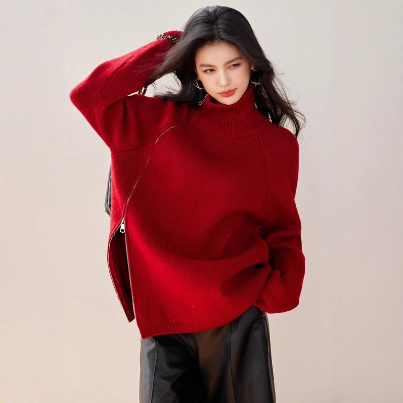 Long-Sleeved Knit - ニットセーター レディース 秋冬 韓国 ハイネック サイドジッパー リブストライプ ゆったりシルエット プルオーバー カジュアル トップス 暖かみ 伸縮性 普段使い