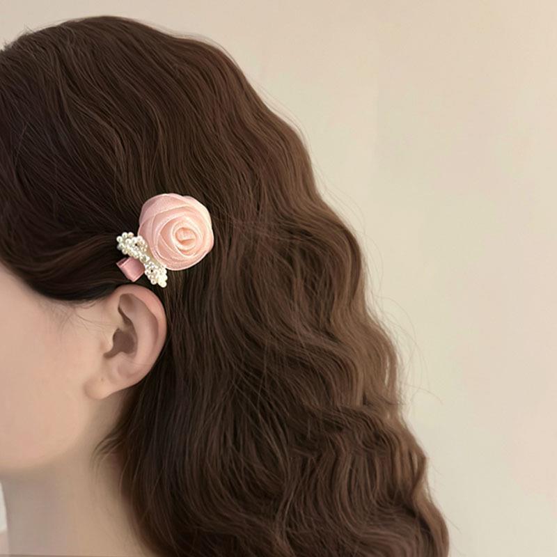 Rakuten - ヘアアクセサリー フラワー ヘアクリップ レトロ ピンク系 バラ柄 パール リボン バング クリップ ガーリー かわいい 少女 仙女 軽量 日常使い ヘアピン アクセ