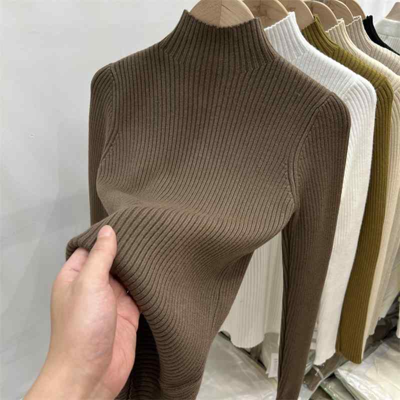 Long-Sleeved Knit - レディース 秋冬 ニットセーター ハーフハイネック リブ スリム 厚手 暖か 無地 インナー トップス 伸縮性 接触冷感 吸湿速乾