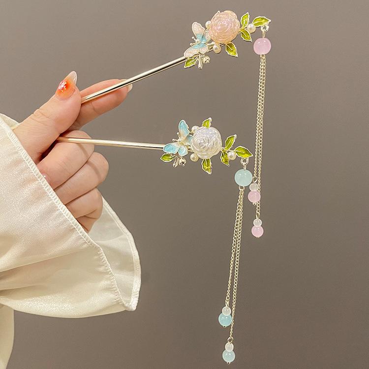 子供用 かんざし バラ 花 タッセル 蝶 モチーフ シンプル デザイン モダン 高級感 歩揺 古 ヘアアクセサリー かわいい 日常使い