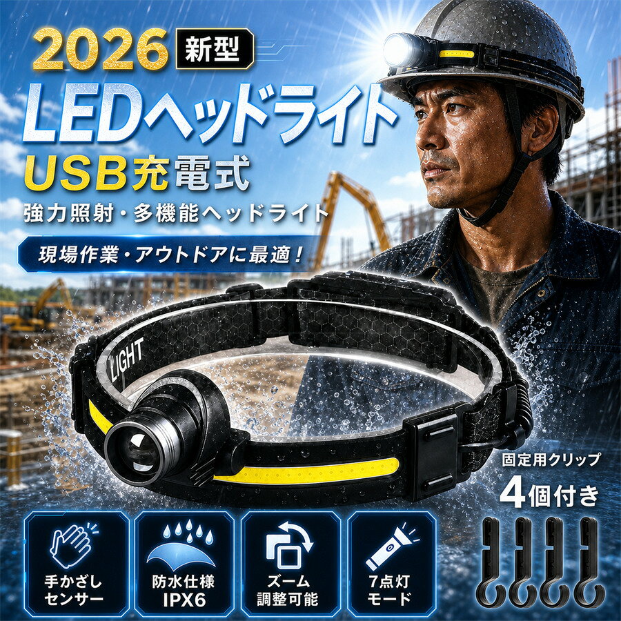 【2026年NEWモデル！固定用クリップ付き】ヘッドライト 充電式 超強力 高輝度 LED 大容量バッテリー内蔵 防水仕様 ヘルメットクリップ ヘッドランプ 懐中電灯 LEDヘッドライト 作業用led 広範囲を明るく 災害対策 充電式 Type-C充電式