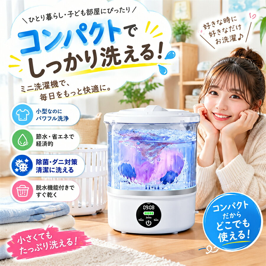 2026新登場！小物洗いに最適！コードレス小型洗濯機 生活の中には、毎日使う靴下、下着、ハンカチ、タオル、赤ちゃんの肌着やよだれかけ…。 家族全員分をまとめて洗濯機で洗うのは、衛生面で少し気になるもの。 かといって、ひとつひとつ手洗いするのは時間も手間もかかります。 そんなお悩みを解決するために生まれたのが、このコードレス小型洗濯機です。 3枚の大羽根車｜高密度生体模倣水流 3枚の大羽根車デザインが、より強力でクリーンな洗浄を実現。 自然界の強い水流を再現し、羽根車の間には疎水孔を配置。 衣類にかかる力を均一に分散し、ムラのないしっかり洗浄を可能にしました。 可視光ブルーライト除菌機能 本製品には、特定波長の可視光ブルーライトを照射する除菌ユニットを搭載。 洗濯と同時に菌の増殖を抑制し、ダニの発生リスクも低減します。 デリケートな肌着や赤ちゃんのお洋服、タオルなど、清潔に保ちたいアイテムに最適です。 ※除菌効果は使用環境や洗濯物の状態により異なる場合がございます。 LEDディスプレイ＆タイマー洗濯モード LEDデジタルディスプレイを搭載。 バッテリー残量はもちろん、洗濯残り時間もリアルタイムで表示されるので、状況がひと目でわかります。 選べる3つの洗濯モード 5分クイック洗濯：ちょっとした小物に 10分スロー洗濯：しっかり洗いたい時に 5分脱水：仕上げの脱水に ※充電中、もしくはケーブルを接続している状態ではご使用いただけませんので、恐れ入りますが、充電ケーブルを外してからご使用くださいませ。 滑り止め＆衝撃吸収設計 底部にはシリコン製の滑り止めガスケットを装備。 運転中の本体のズレをしっかり防止し、シリコンの弾性が振動を吸収・騒音を低減します。 夜間や早朝の使用でもご近所に気兼ねなくお使いいただけます。 大容量バッテリーで長時間使用 6000mAhの大容量バッテリーを内蔵。 フル充電時の使用可能回数の目安は以下のとおりです。 5分クイック洗濯モード 30回以上 10分スロー洗濯モード 15回以上 バッテリー残量はLEDディスプレイで確認できますので、残量が少なくなったらお早めに充電してください。 ミニサイズで持ち運び自由 本体サイズは約19.5 × 19.5 × 23cmのコンパクト設計。 スーツケースにもスッキリ収まるので、自宅だけでなく、 寮・アパート・ホテル・キャンプ・出張・旅行など、さまざまなシーンで活躍します。 【こんな方におすすめ】 毎日の下着や靴下を清潔に保ちたい方 赤ちゃんの衣類を大人用と分けて洗いたい方 手洗いの手間を減らしたい方 旅行や出張先でも洗濯を済ませたい方 賃貸や狭いスペースでも洗濯機を置きたい方
