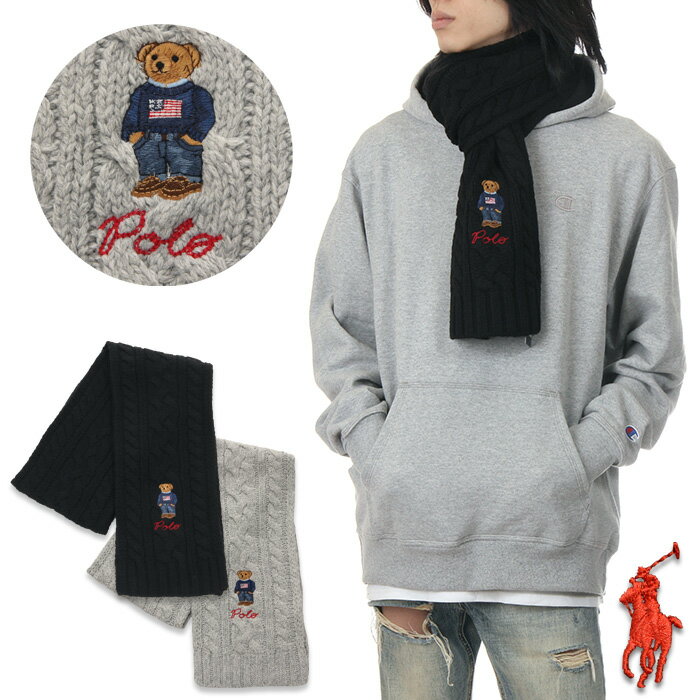 ラルフローレン マフラー（レディース） ラルフローレン マフラー メンズ レディース キッズ ポロベアー POLO RALPH LAUREN Recyecled Cable Bear Scarf ベア 熊 ウール ロング ユニセックス アメカジ 刺繍 暖かい ブランド ファッション プレゼント 男性 女性 高校生 通勤 通学 黒 グレー