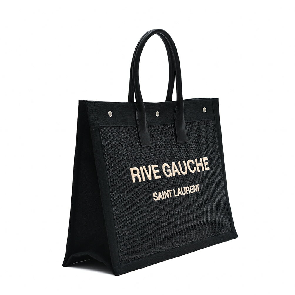 【MORE SALE】サンローラン SAINT LAURENT 【2022年 春夏新作】 RIVE GAUCHE リヴ・ゴーシュ LARGE TOTE BAG IN EMBROIDERED RAFFIA AND LEATHER ラージトートバッグ メンズ ラフィア ロゴ刺繍 レザーハンドル ブラック MADE IN ITALY