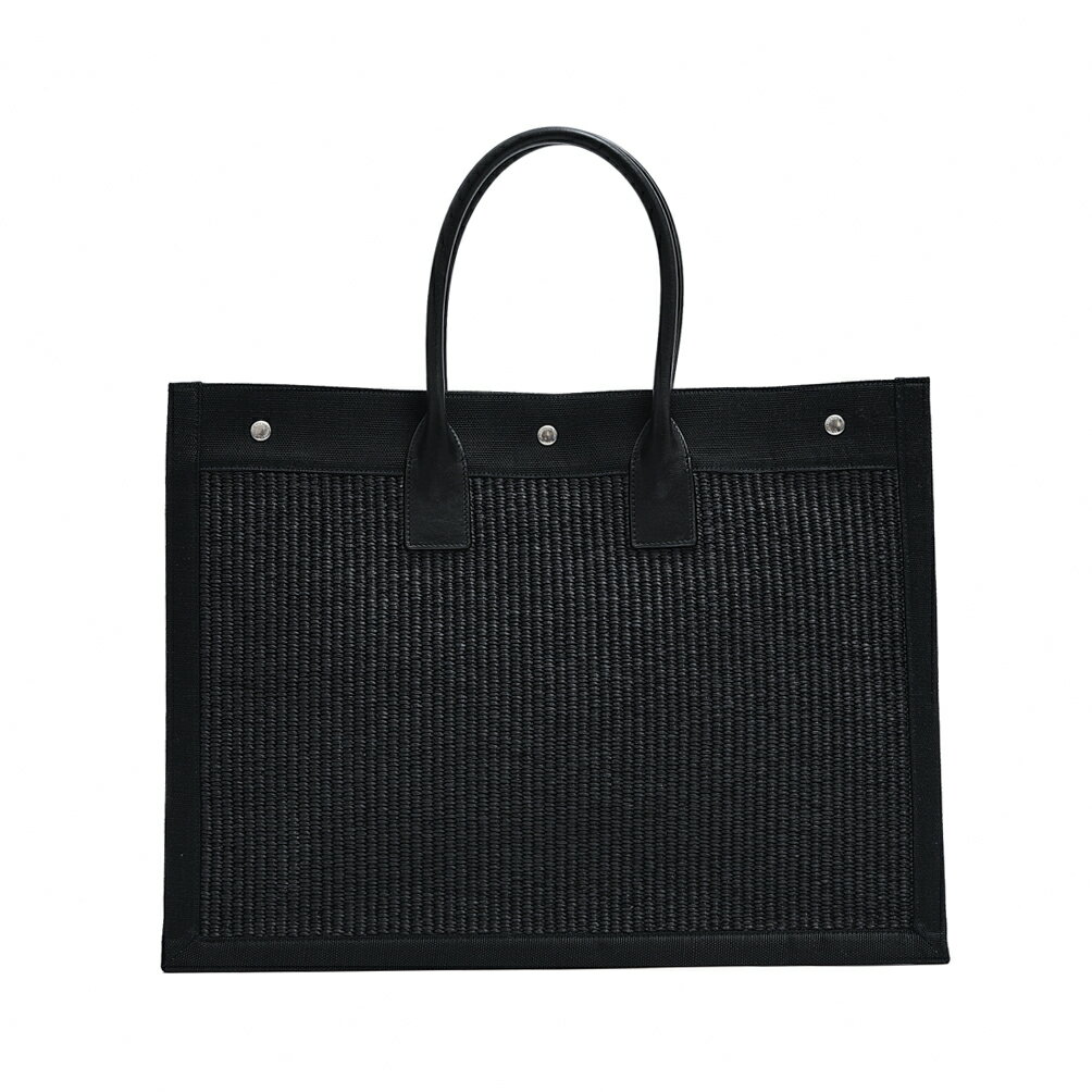 【MORE SALE】サンローラン SAINT LAURENT 【2022年 春夏新作】 RIVE GAUCHE リヴ・ゴーシュ LARGE TOTE BAG IN EMBROIDERED RAFFIA AND LEATHER ラージトートバッグ メンズ ラフィア ロゴ刺繍 レザーハンドル ブラック MADE IN ITALY