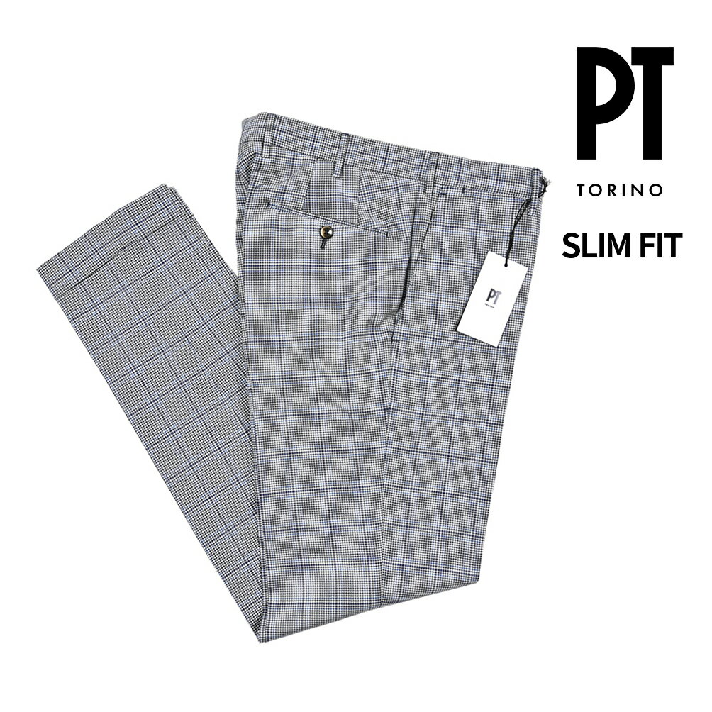 【半額以下】 ピーティートリノ PT TORINO SLIM FIT スリムフィット スラックス ノータック パンツ 春夏 メンズ SUPER 100's ヴァージンウール 100% 千鳥格子 ブルー イタリア ブランド PT01