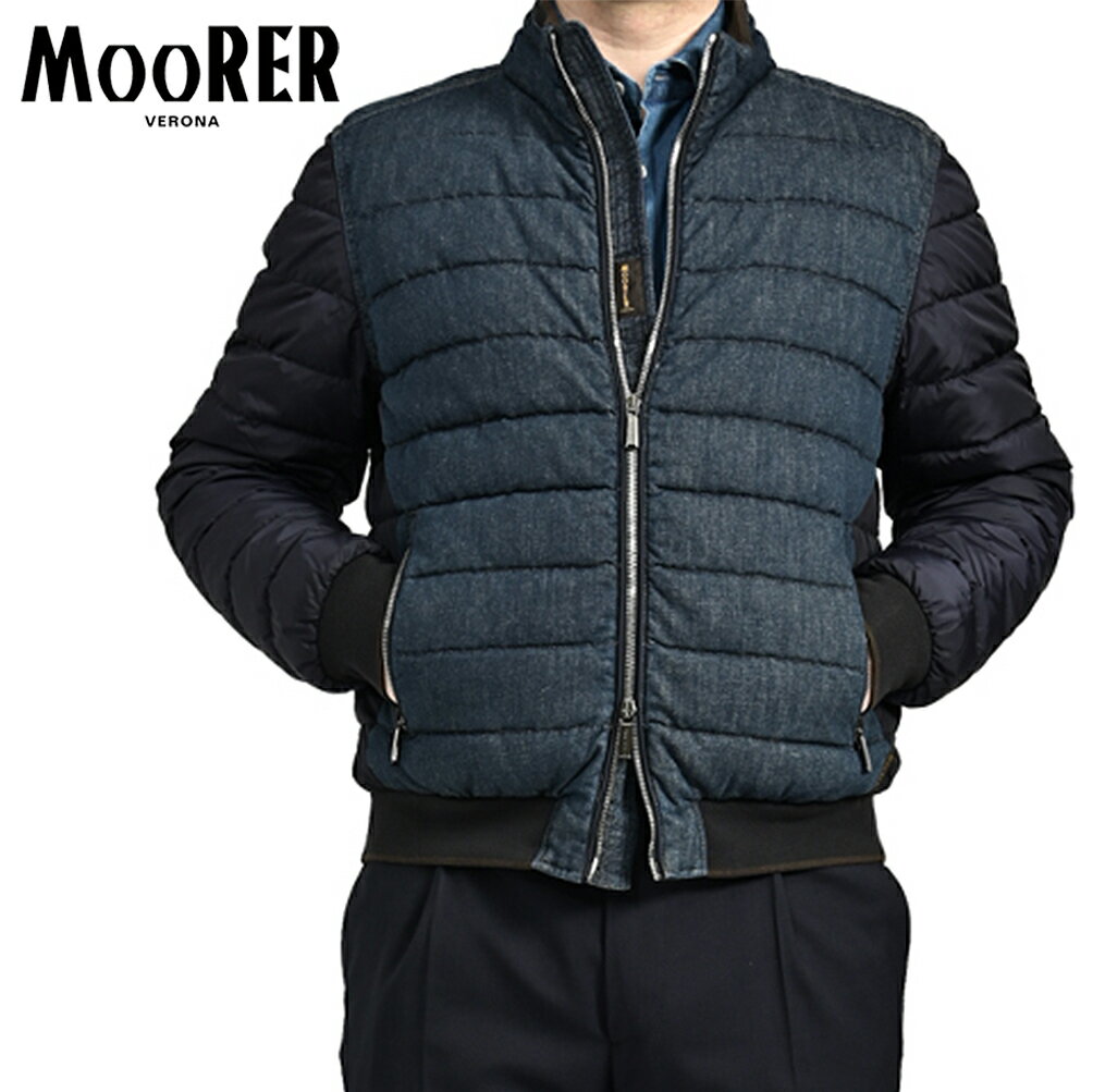 Rakuten - 【SALE】 ムーレー MOORER SANTIS-705 異素材コンビ ダウンジャケット ブルゾン 春 秋冬 3シーズン メンズ アウター デニム ダークネイビー イタリア ブランド MADE IN ITALY