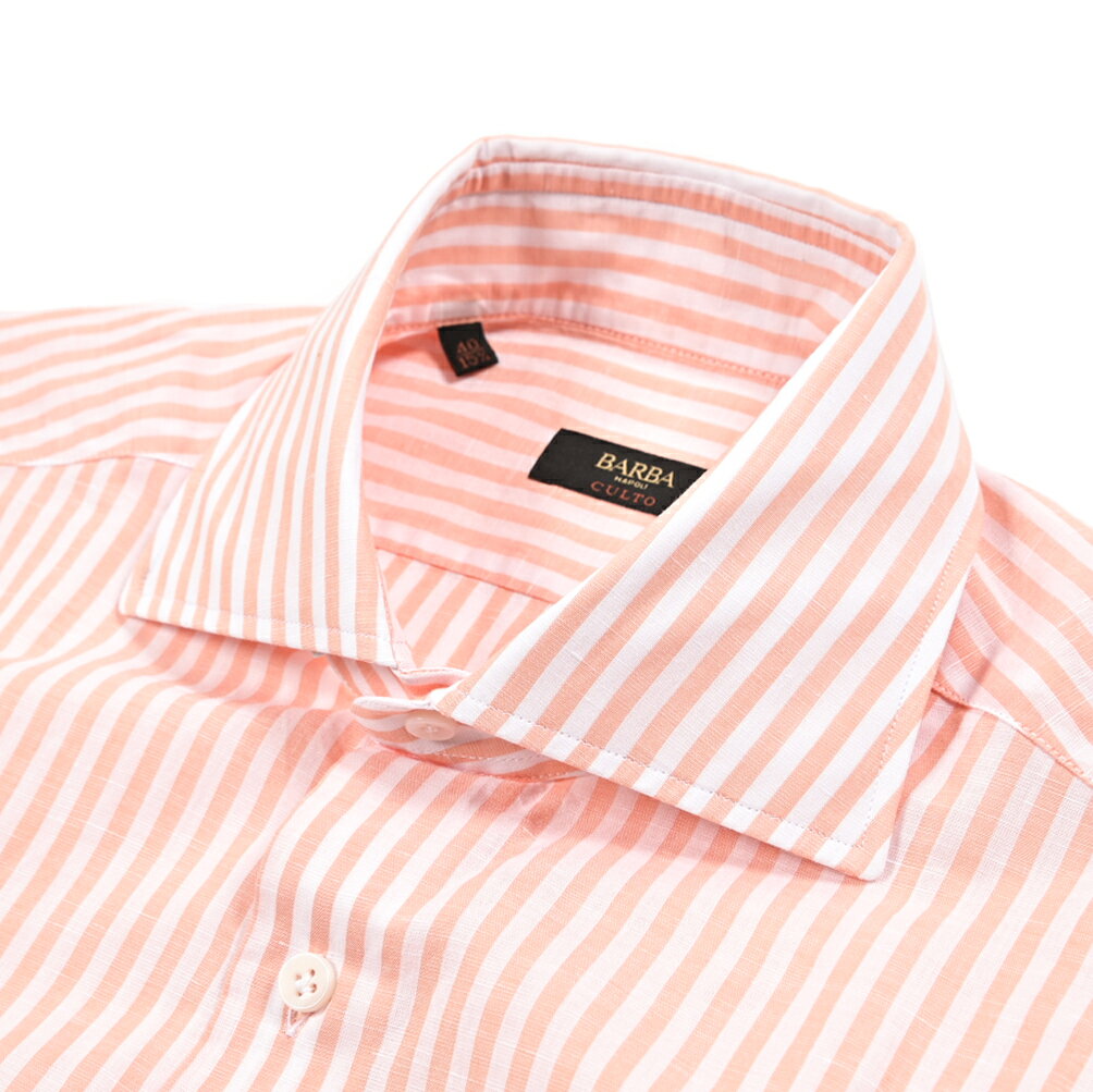 Rakuten - 【春夏先行セール】【半額以下】 バルバ BARBA CULTO 麻混 ドレスシャツ ワイシャツ ホリゾンタルカラー 長袖 メンズ コットン リネン ストライプ オレンジ イタリア ブランド MADE IN ITALY