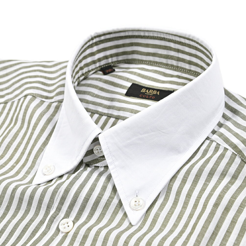 【春夏先行セール】【半額以下】 バルバ BARBA CULTO 麻混 ドレスシャツ ワイシャツ クレリックシャツ ボタンダウン 長袖 メンズ コットン リネン ストライプ グリーン イタリア ブランド MADE IN ITALY