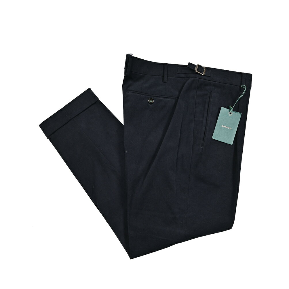 Rakuten - 【SALE】【半額以下】 ベルウィッチ BERWICH RETRO 1P レトロ コットンスラックス ワンタック 1プリーツ パンツ サイドアジャストベルト 秋冬 メンズ コットンストレッチ ネイビー イタリア ブランド MADE IN ITALY