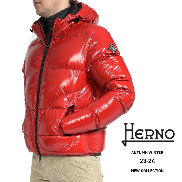 ヘルノ ダウンジャケット メンズ 【SALE】 ヘルノ HERNO 23-24AW さらにお値下げ！ ダウンジャケット フーディーブルゾン ボンバージャケット 秋冬 メンズ アウター GLOSS HOODED BOMBER レッド グロッシーペイント加工 イタリア ブランド