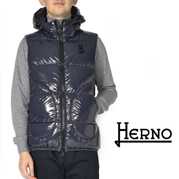  ヘルノ HERNO ダウンベスト フーディー アウター GLOSS HOODED WAISTCOAT 3D “Hモノグラム”ロゴ グロッシーペイント加工 秋冬 メンズ ネイビー イタリア ブランド