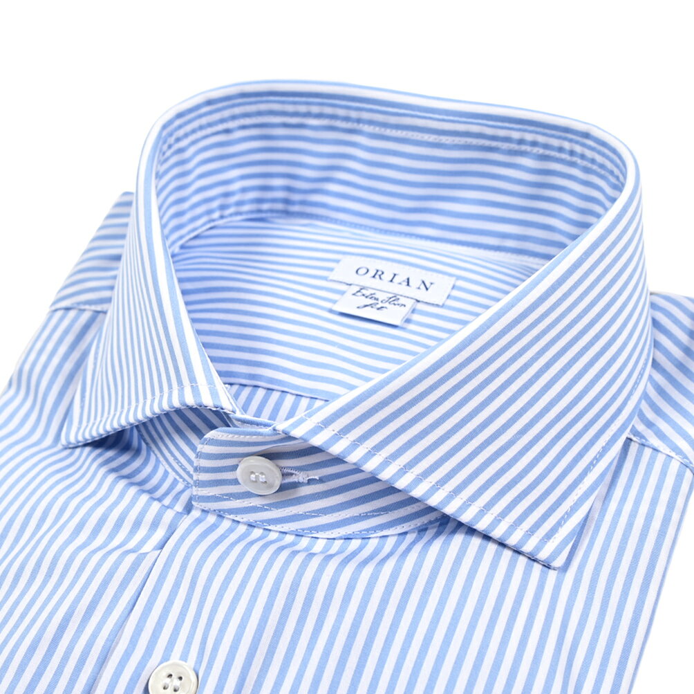 Rakuten - 【SALE】【半額以下】【P10倍】 オリアン ORIAN ドレスシャツ ワイシャツ ホリゾンタルカラー 長袖 メンズ Extra Slim Fit エクストラ スリムフィット コットン 100% ストライプ ブルー ホワイト イタリア ブランド