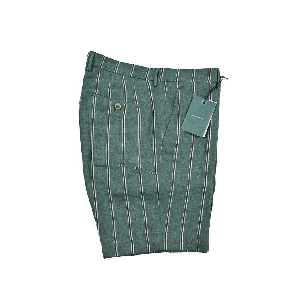 Short, Half Pants - 【春夏先行セール】 ベルウィッチ BERWICH BER_MUDA バミューダ 麻ショーツ ノータック ハーフパンツ ショートパンツ 春夏 メンズ リネン 100% ストライプ グリーン イタリア ブランド MADE IN ITALY