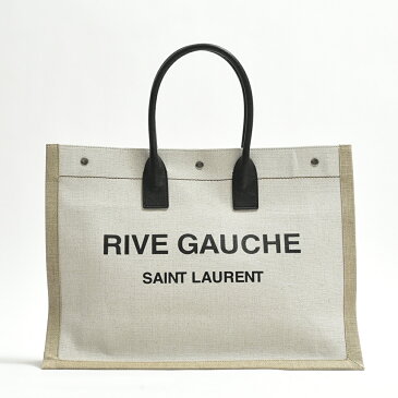 サンローラン SAINT LAURENT 【送料無料】【2020年 春夏新作】RIVEGAUCHE リヴ・ゴーシュ トートバッグ リネン レザー ホワイト ブラック ロゴ／パリ ブランド MADE IN ITALY【ポイント10倍】【あす楽対応_関東】