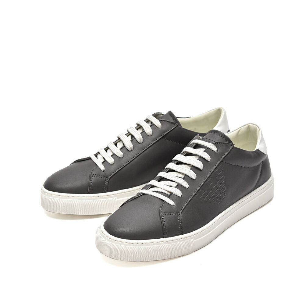 Rakuten - 【SALE】【P20倍】 エンポリオアルマーニ EMPORIO ARMANI レザースニーカー ローカット シューズ レディース カーフレザー 100% エンボス 型押しロゴ グレー イタリア ブランド