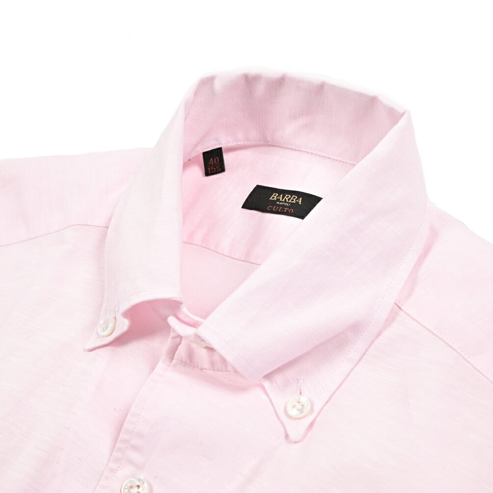 【春夏先行セール】【半額以下】 バルバ BARBA CULTO 麻混 ドレスシャツ ワイシャツ ボタンダウン 長袖 メンズ コットン リネン ピンク イタリア ブランド MADE IN ITALY