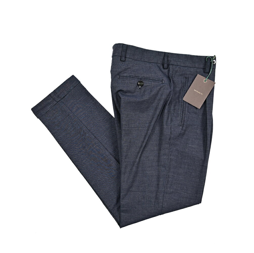 乐天商城 - 【スーパーSALE】【半額以下】 ベルウィッチ BERWICH RETRO-GD 1P レトロ スラックス ワンタック パンツ 春夏 メンズ コットン ストレッチ グレンチェック ネイビー イタリア ブランド MADE IN ITALY