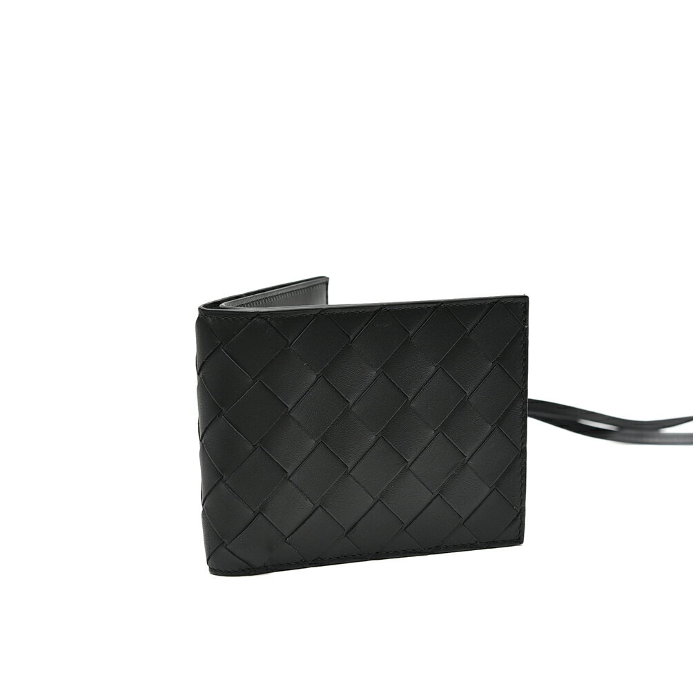 ガルダローバミラノのボッテガヴェネタ BOTTEGA VENETA イントレチャート コインパース付き 二つ折り財布 ネックストラップウォレット サイフ メンズ レディース 男女兼用 カーフレザー ブラック イタリア ブランド MADE IN ITALY｜アングル3