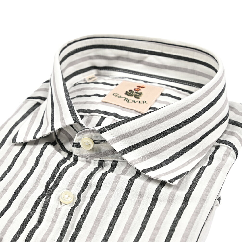 Rakuten - 【SALE】 ギローバー GUY ROVER ドレスシャツ 麻混カジュアルシャツ ワイドカラー 長袖 メンズ コットン リネン ストライプ ホワイト グレー イタリア ブランド MADE IN ITALY