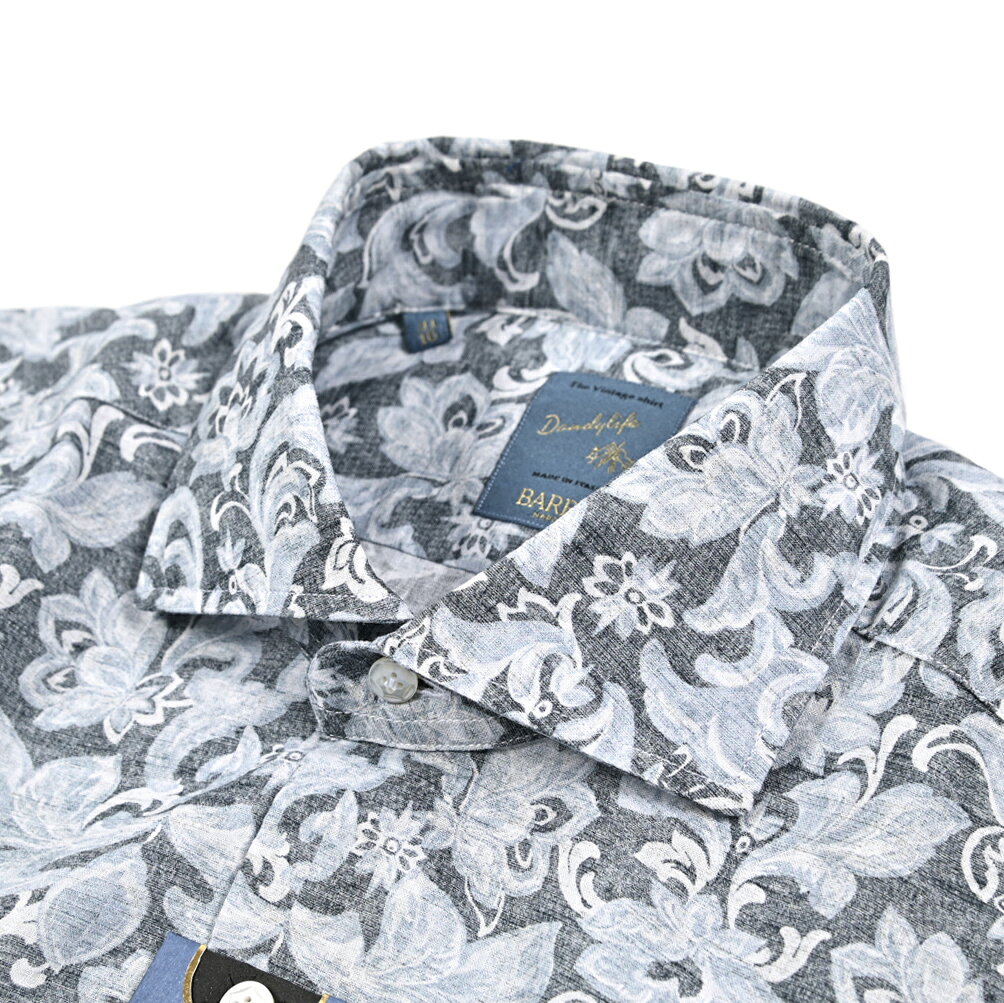 Rakuten - 【春夏先行セール】【半額以下】 バルバ BARBA DANDYLIFE The Vintage Shirt 麻混 ドレスシャツ ワイシャツ カジュアルシャツ ホリゾンタルカラー 長袖 メンズ リネン コットン ボタニカル 総柄 グレー イタリア ブランド MADE IN ITALY