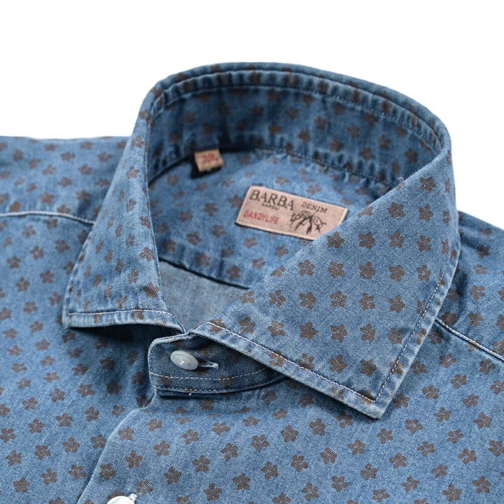 【春夏先行セール】【半額以下】 バルバ BARBA DANDYLIFE DENIM デニムシャツ ドレスシャツ カジュアルシャツ ホリゾンタルカラー 長袖 メンズ コットン 100% ボタニカル 総柄 ブルー イタリア ブランド MADE IN ITALY